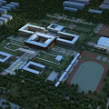 Modern School Campus With Teaching Buildings Sports Ground Running Track And Green Spaces