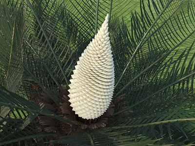Detailed White Pine Cone Shaped Sculpture Surrounded By Green Palm Like Leaves 3d model