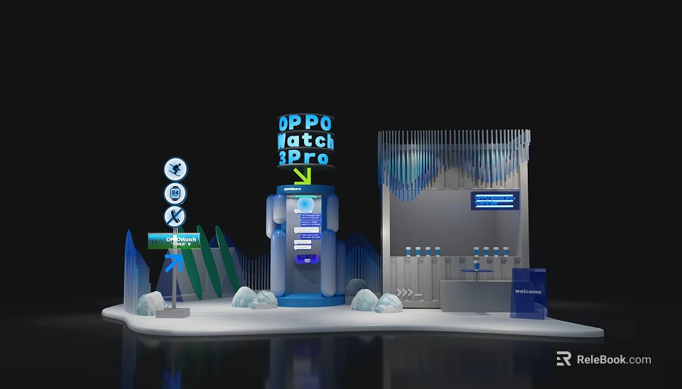 OPPO Watch Pro Exhibition Booth With Blue Lighting And Iceberg Decorations 3d model 