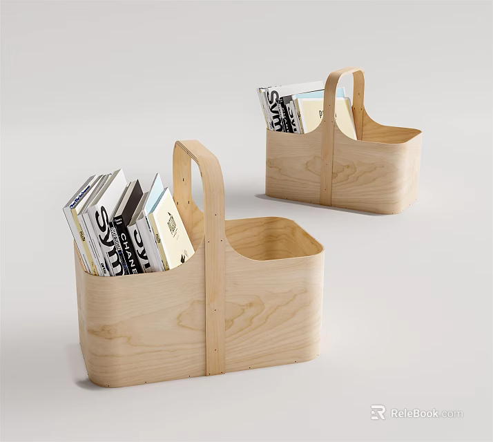 Wooden Storage Baskets with Magazines Natural Wood Handle for Home Organizing 3d model 