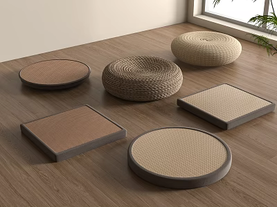 Woven Floor Cushions In Various Shapes On Wooden Floor With Natural Light 3d model