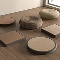 Woven Floor Cushions In Various Shapes On Wooden Floor With Natural Light