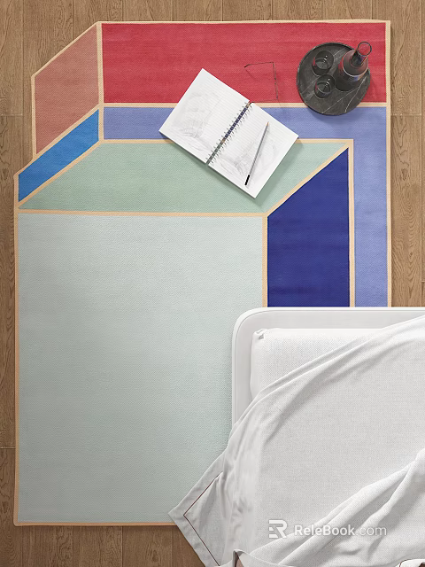 Colorful Geometric Rug In Bedroom With Bed And Notebook 3d model 