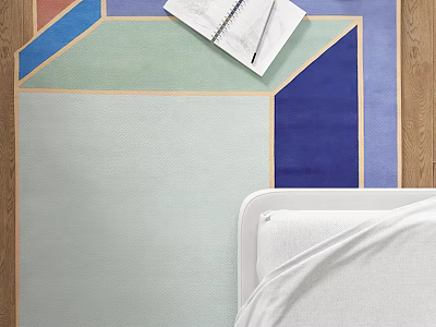 Colorful Geometric Rug In Bedroom With Bed And Notebook 3d model