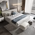 Modern Bedroom Double Bed With Gray White Bedding Headboard Nightstand And Footstool