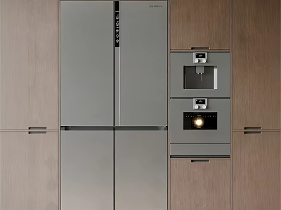 Modern Stainless Steel Refrigerator Freezer Built in Kitchen With Wooden Cabinets 3d model