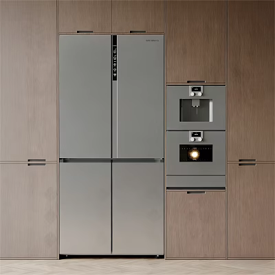 Modern Stainless Steel Refrigerator Freezer Built in Kitchen With Wooden Cabinets 3d model