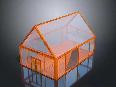 Orange Frame Glass House Structure With Transparent Roof And Glass Walls 3d model