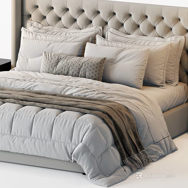 Modern Double Bed With Tufted Headboard Multiple Decorative Pillows Soft Comforter And Plush Blanket 3d model