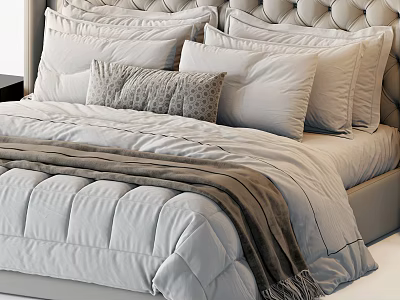 Modern Double Bed With Tufted Headboard Multiple Decorative Pillows Soft Comforter And Plush Blanket 3d model