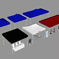 Outdoor Public Facilities With Blue Red Black White Canopies Tables Chairs And Signage