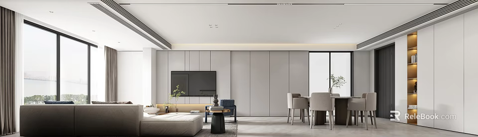 Modern Living And Dining Room Interior With TV Wall And Dining Table 3d model