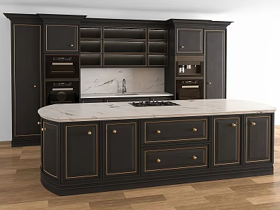 Elegant Dark Kitchen Cabinets With Marble Countertop Island And Wooden Floors 3d model