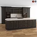 Elegant Dark Kitchen Cabinets With Marble Countertop Island And Wooden Floors