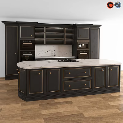 Elegant Dark Kitchen Cabinets With Marble Countertop Island And Wooden Floors 3d model