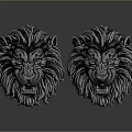 Two Realistic Silver Lion Head Sculptures with Detailed Mane on Dark Background with Reflection