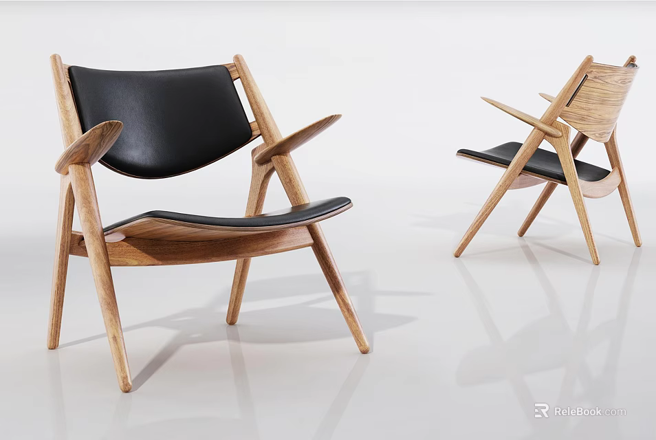 Modern Wooden Leisure Chairs With Black Cushion Armrests And Minimalist Design 3d model 