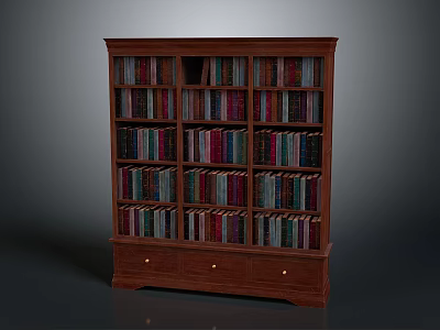 Wooden Bookcase With Multiple Shelves Filled With Colorful Books And Bottom Drawers 3d model
