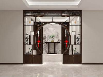 Traditional Chinese Antique Display Cabinet With Circular Archway And Decorative Items 3d model