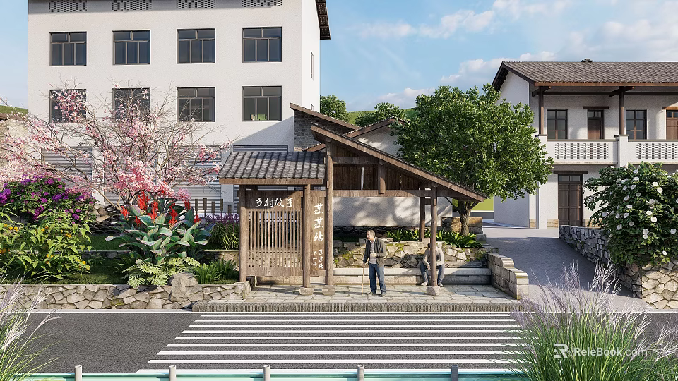 Traditional Japanese Station With Wooden Roof Cherry Blossom Trees And Pedestrians 3d model 
