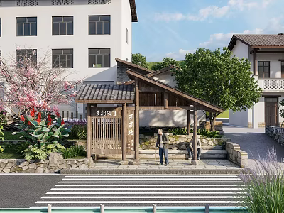 Traditional Japanese Station With Wooden Roof Cherry Blossom Trees And Pedestrians 3d model