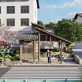 Traditional Japanese Station With Wooden Roof Cherry Blossom Trees And Pedestrians