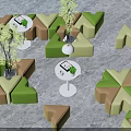 Modern Public Chairs With Green Brown Design Triangular Clover Shapes Small Tables And Plants