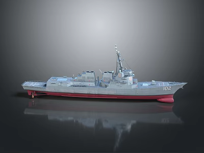 Detailed Scale Ship Model Gray Hull Red Bottom with Number 102 on Reflective Surface 3d model