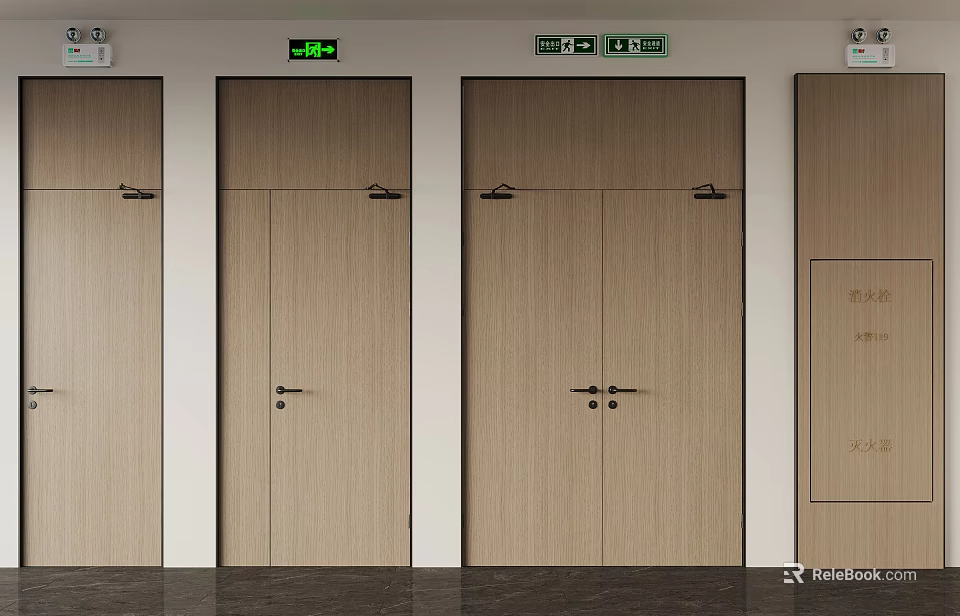 Essential Fire Equipment With Safety Exit Signs And Fire Doors For Emergency Preparedness 3d model 