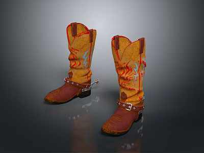 Brown Leather Cowboy Boots With Red Embroidered Patterns And Metal Buckle Straps For Daily Use 3d model