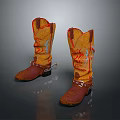 Brown Leather Cowboy Boots With Red Embroidered Patterns And Metal Buckle Straps For Daily Use