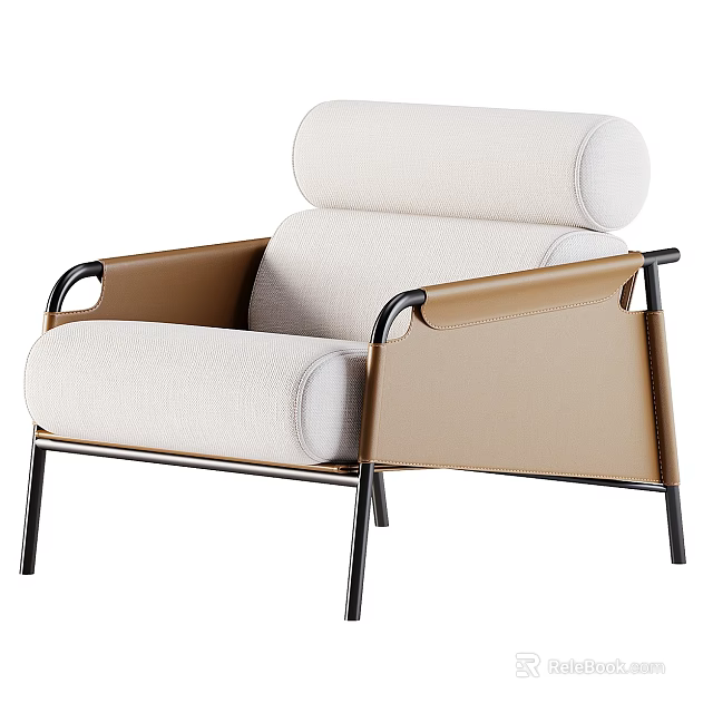 Modern Cream Upholstered Accent Chair With Tan Armrests And Black Metal Frame 3d model 