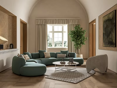 Elegant Living Room Interior With Teal Curved Sofa Round Coffee Table And Large Plant 3d model
