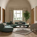 Elegant Living Room Interior With Teal Curved Sofa Round Coffee Table And Large Plant