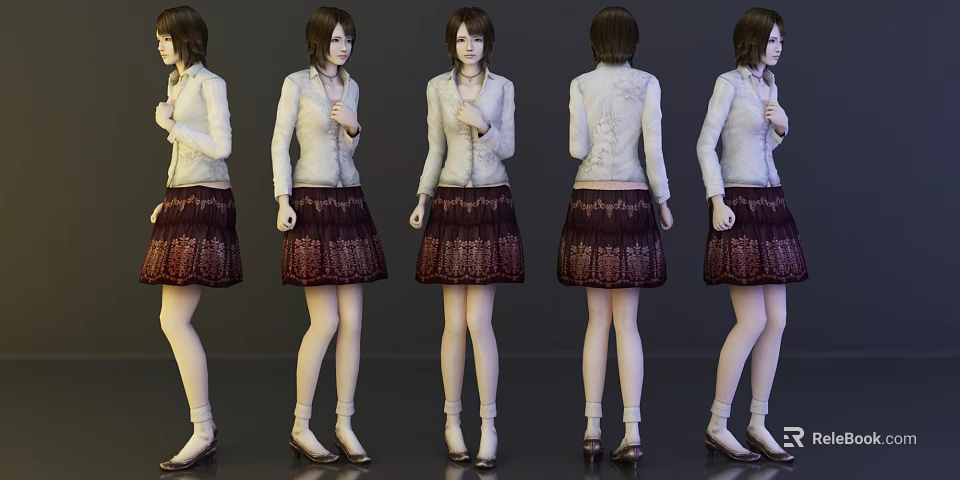 Woman Wearing Light Colored Blouse Dark Lace Skirt And High Heels Multiple Angles View 3d model 
