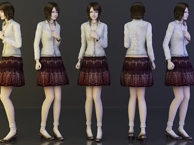 Woman Wearing Light Colored Blouse Dark Lace Skirt And High Heels Multiple Angles View 3d model