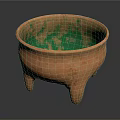 Three Legged Ceramic Pottery Bowl With Orange Exterior And Green Mottled Interior