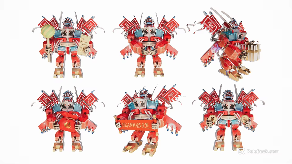 Red Robot Shaped Ornaments with Decorative Flags Scrolls and Traditional Festive Designs 3d model