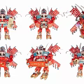 Red Robot Shaped Ornaments with Decorative Flags Scrolls and Traditional Festive Designs 3d model