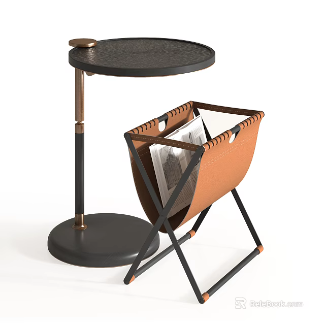 Modern Side Table with Round Black Top Metal Frame and Leather Magazine Storage Basket 3d model 