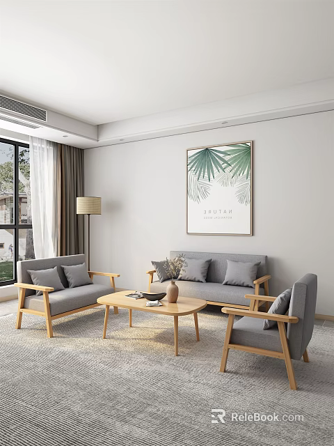 Modern Gray Sofa And Wooden Coffee Table Set With Green Leaf Art And Floor Lamp 3d model 