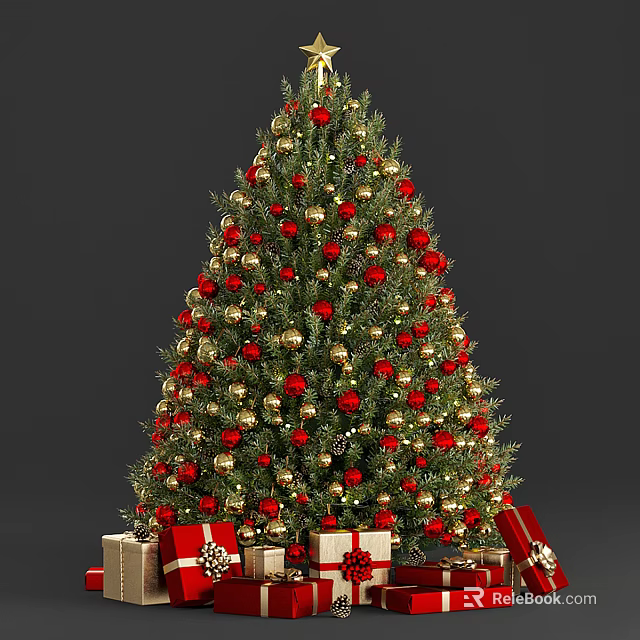 Decorated Christmas Tree With Red Gold Baubles And Gift Boxes Underneath 3d model 