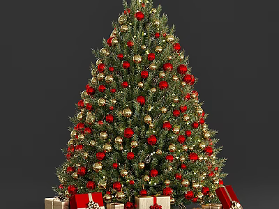Decorated Christmas Tree With Red Gold Baubles And Gift Boxes Underneath 3d model