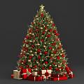 Decorated Christmas Tree With Red Gold Baubles And Gift Boxes Underneath