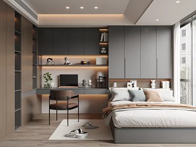 Modern Tatami Bedroom Interior With Gray Cabinets Desk Chair Bed Pillows And Wooden Floor 3d model