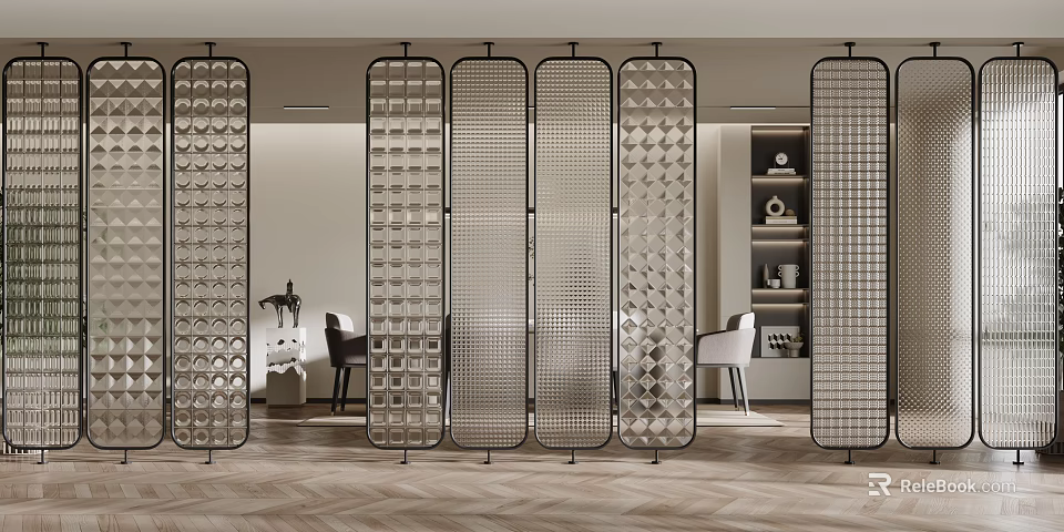 Modern Room Divider With Geometric Pattern And Metal Frame In Interior Space 3d model 