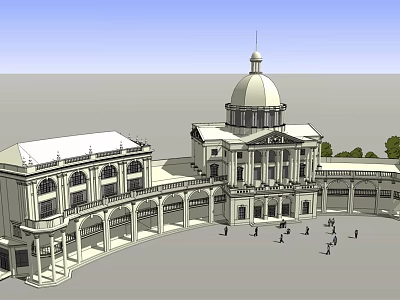 Classical European Architecture With Dome Arched Windows Columns And Plaza With People 3d model