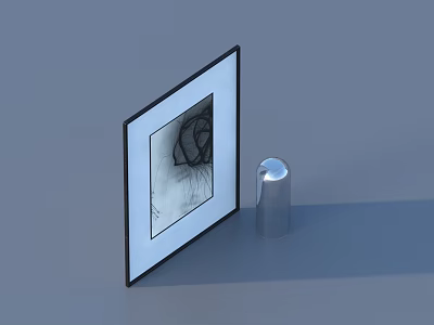 Framed Abstract Painting With Silver Cylindrical Object On Gray Background 3d model