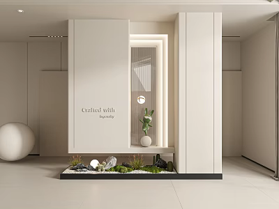 Modern Villa Interior Design Featuring White Partition With Green Plants And Stone Decorations 3d model