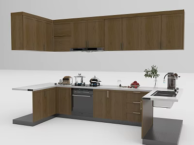 Modern Kitchen With Brown Wooden Cabinets L shaped Layout Sink And Dishwasher 3d model